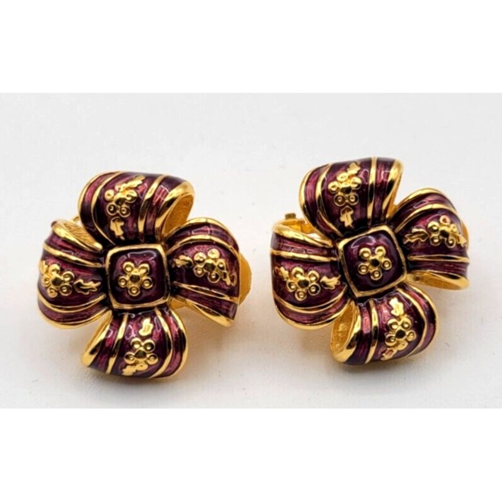 JOAN RIVERS‎ MAROON BURGUNDY ENAMELED RIBBON BOW CLIP ON EARRINGS Signed Vintage